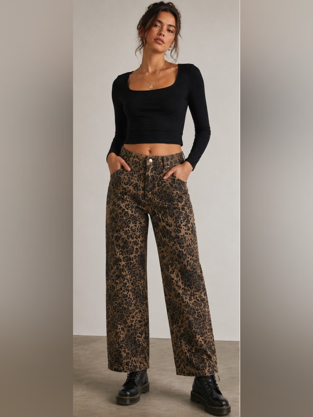 American Bazi wide-leg rhinestone leopard print pants